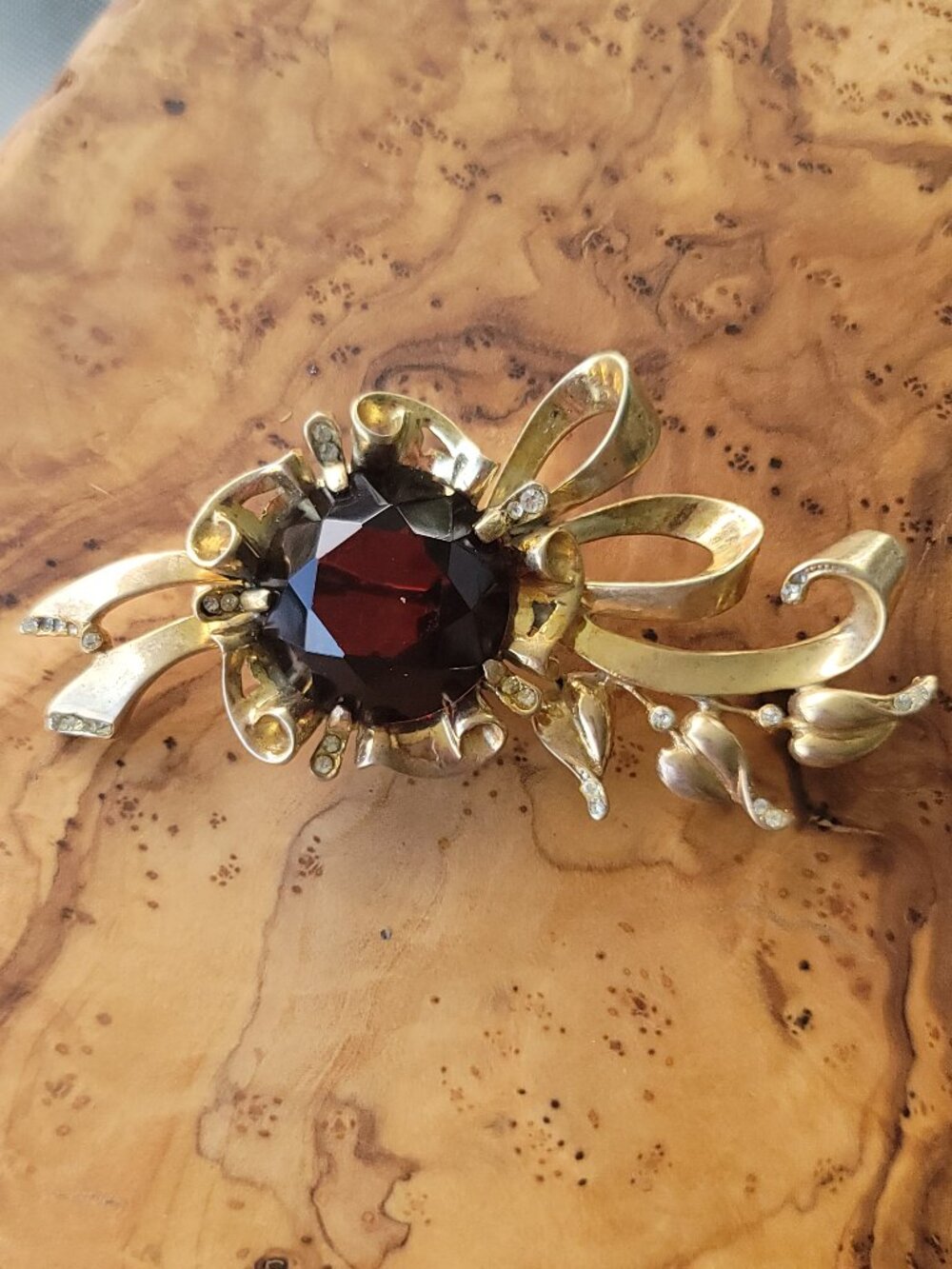 Retro Glass Stone, Rhinestone & Sterling Sunburst Ribbon Floral Brooch by Reja